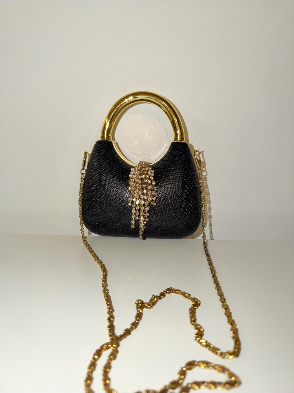 Black Two Way Evening Handbag with Gold-Tone & Rhinestone Fringed Latch Accent